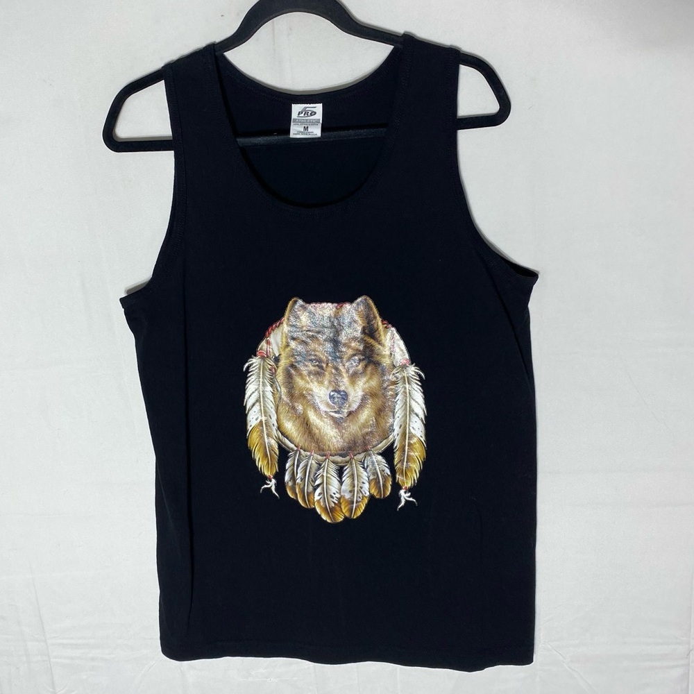 5/$25 5 Pro Athletic Black Cotton Tank Top with Wolf and Feather Graphic M